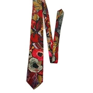 Benjamin Harris Men's Silk Necktie Floral Pattern Red Poppy Avant Garde